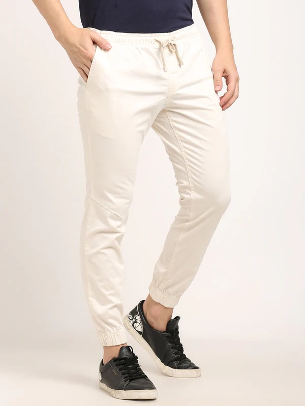 Indian Terrain Men's Comfort Fit Solid Off White Trousers